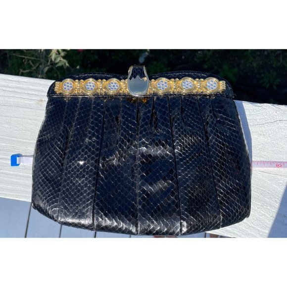 VINTAGE SNAKESKIN PURSE black gold crystals made in Hongkong - Picture 11 of 11